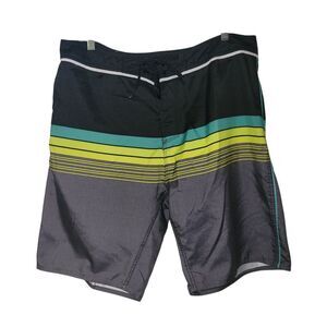Burnside Black and Green Striped Swim Trunks